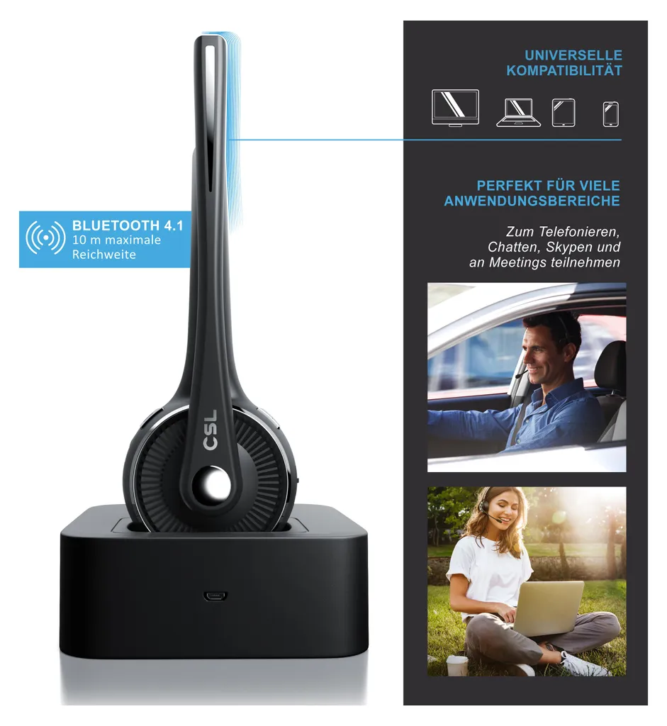 CSL Mono Bluetooth Headset avec station de charge et micro pour bureau