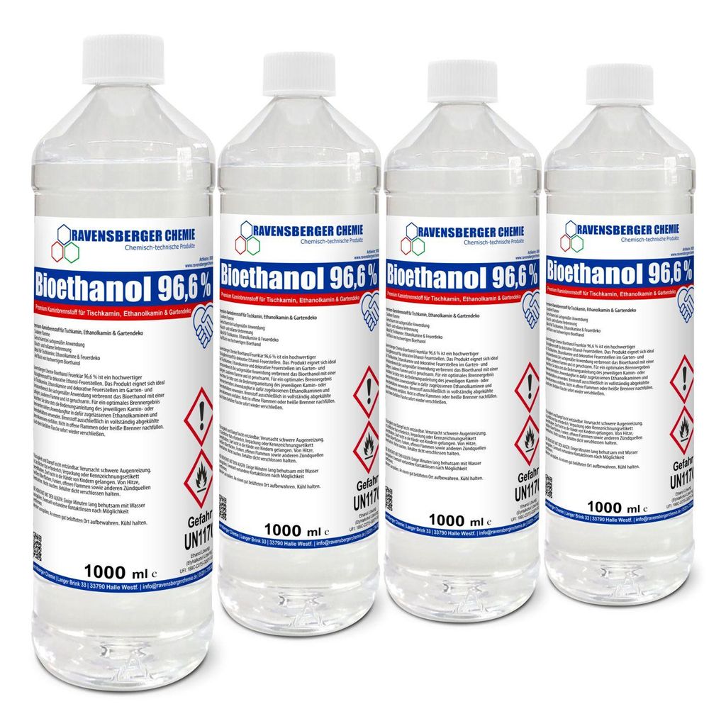 Ravensberger Chemie Bioethanol 96,6 % Premium Kaminbrennstoff für Tischkamin Ethanolkamin Brennstoff Gartenkamin und dekorative Feuerstellen - 4 x...