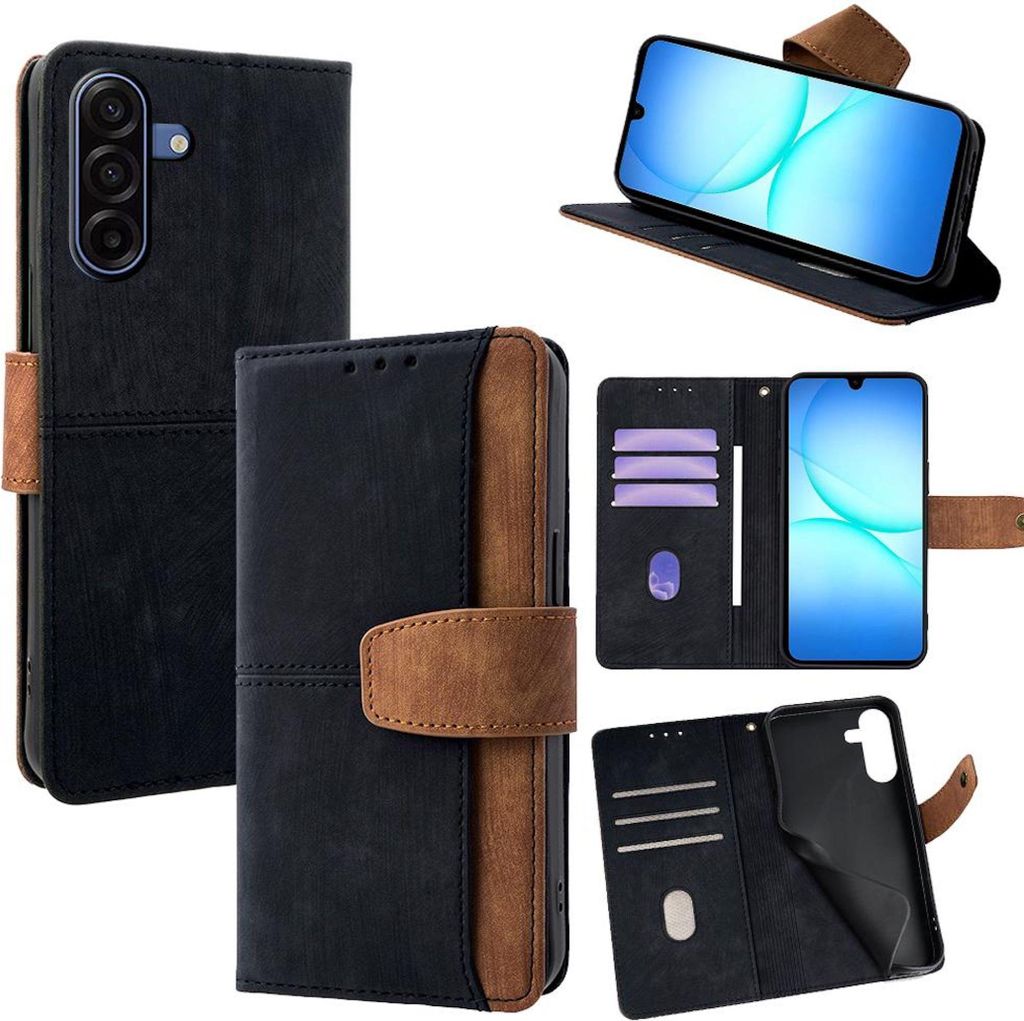 Collage of images showing a black and brown leather phone case for a Samsung Galaxy A17 5G, displaying its different angles and features.