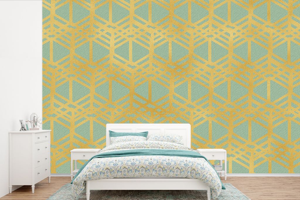 MuchoWow Fototapete für Wohnzimmer oder Schlafzimmer Wandtapete Vinyl Motivtapete Muster - Grün - Gold - Luxus - 360x240 cm - Vinyl-Tapete