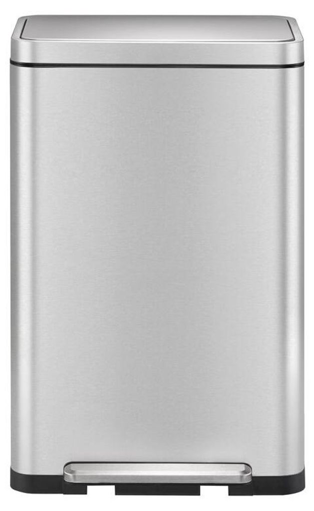 A front view of a stainless steel trash can with a foot pedal.