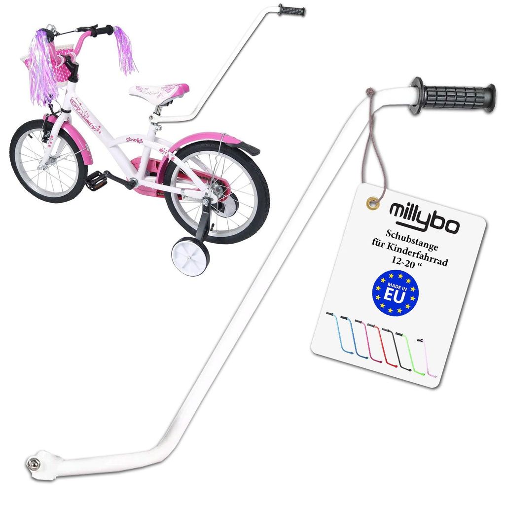 MILLYBO Fahrrad Schubstange für Kinderfahrrad 12–20 Zoll, Fahrrad Lernhilfe, Elternstange, Schiebehilfe Fahrrad, Kinder Fahrradstange, Weiß