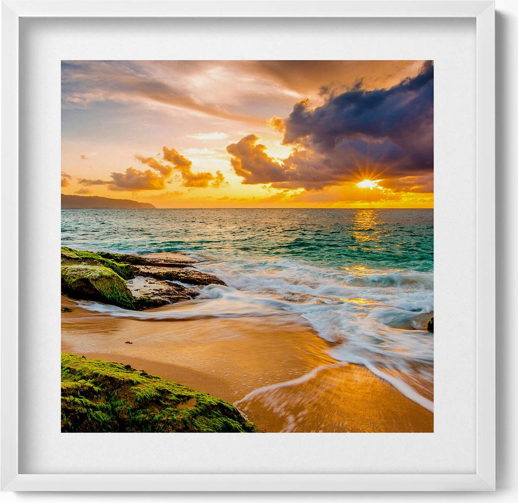 Strandufer bei Sonnenuntergang– Wandbild mit Rahmen – Gerahmtes Bild – Wanddekoration – 50x50 cm – Weiß Rahmen
