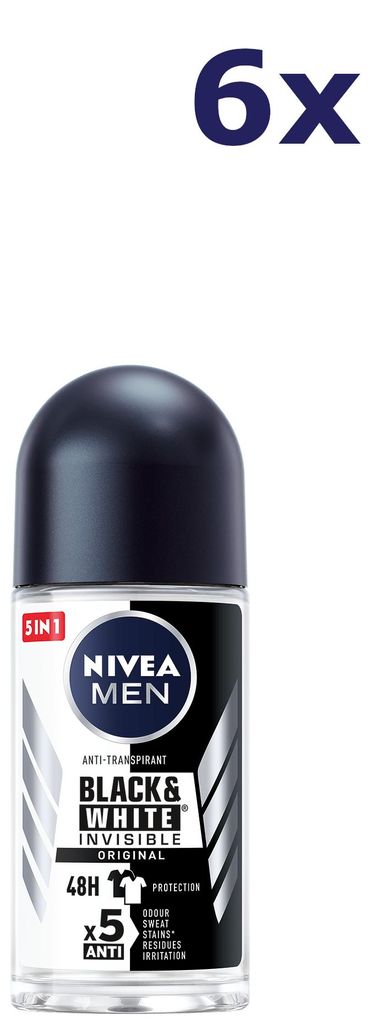 6x Nivea Deo Roll-on für Männer – Invisible Black & White Original 50 ml