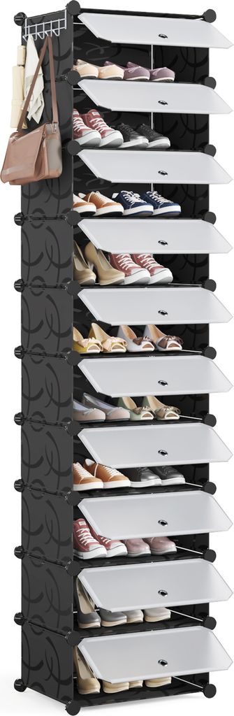 A black modular shoe rack with clear plastic doors, filled with various shoes.