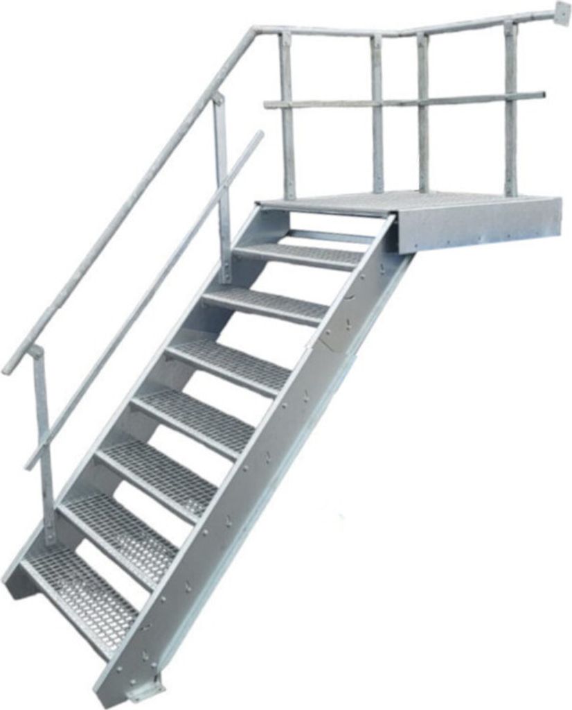 7 Stufen + Podest Stahltreppe mit Geländer links / Stufenbreite 100cm / Geschosshöhe 120-160cm