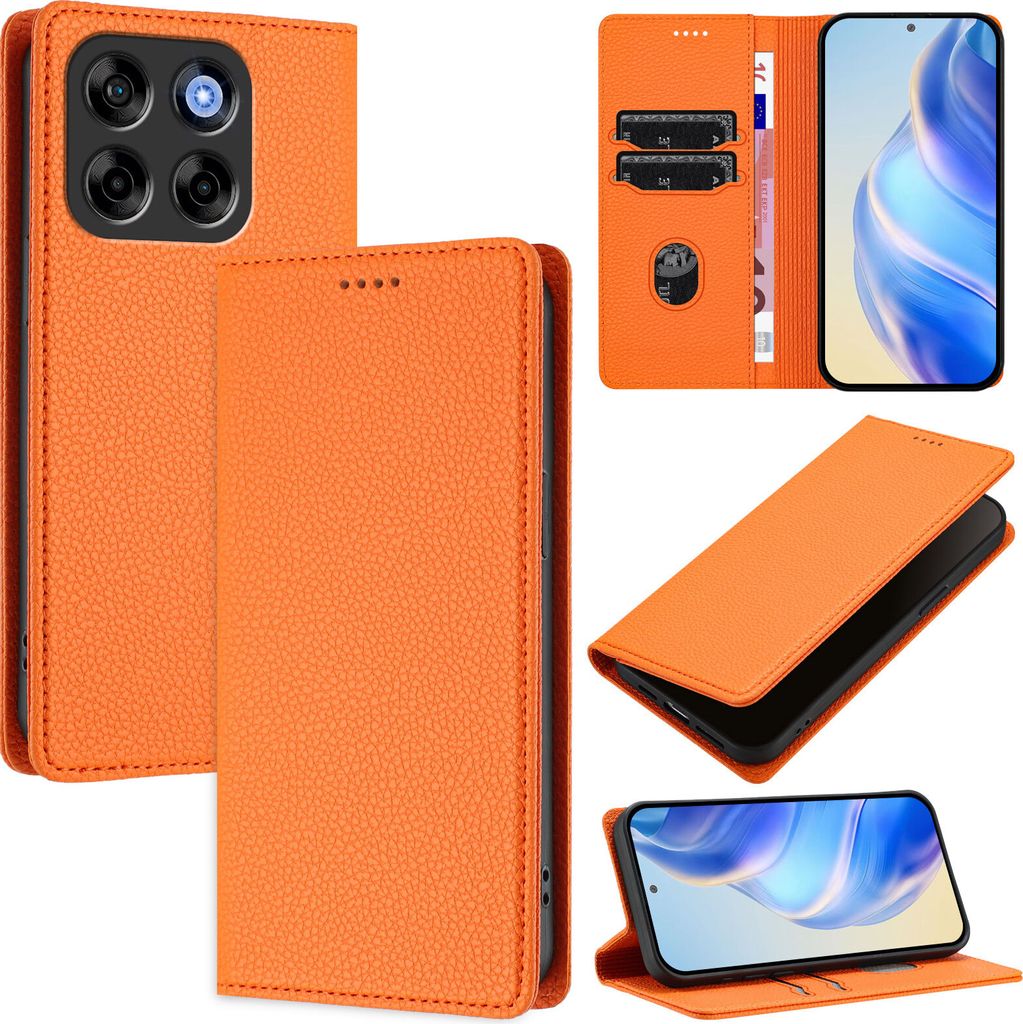 A collage of images showing an orange leather phone case for a ZTE Blade V70 Vita, with various angles and views, including card slots and a stand function.