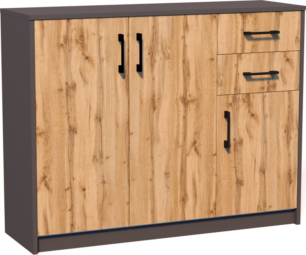 Kommode mit 2 Schubladen und 3 Türen in matter Ausführung, Kommode 110cm breit Holz Schrank Sideboard Highboard Kommode mit Schubladen Graphit-Eiche