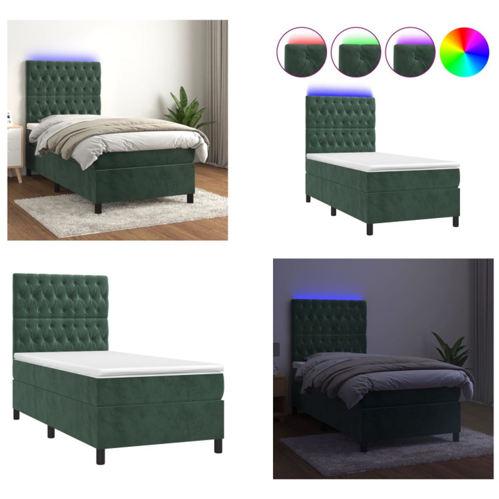 vidaXL Boxspringbett mit Matratze & LED Dunkelgrün 100x200 cm Samt - Boxspringbett - Boxspringbetten - Bett - Schlafzimmermöbel