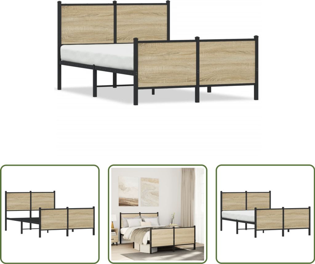 The Living Store Bettgestell mit Kopf- und Fußteil Metall Sonoma-Eiche 120x190cm