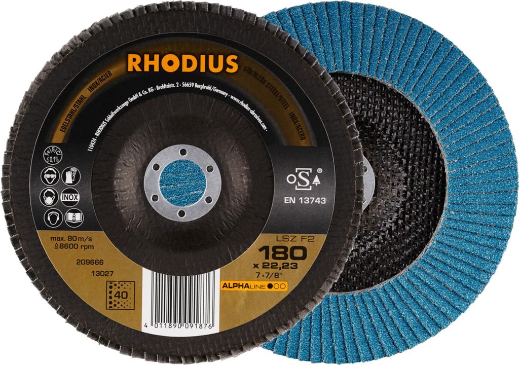 RHODIUS ALPHAline LSZ F2 Fächerschleifscheibe 180 x 22,23 Produktbild 