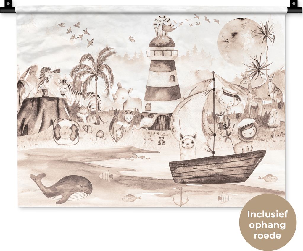 MuchoWow Wandteppich Wandbehang Strand - Kinder - Leuchtturm - Alpaka - Meer - Tiere 60x45 cm Tapisserie Dekoration Wandtuch - Das Schlafzimmer
