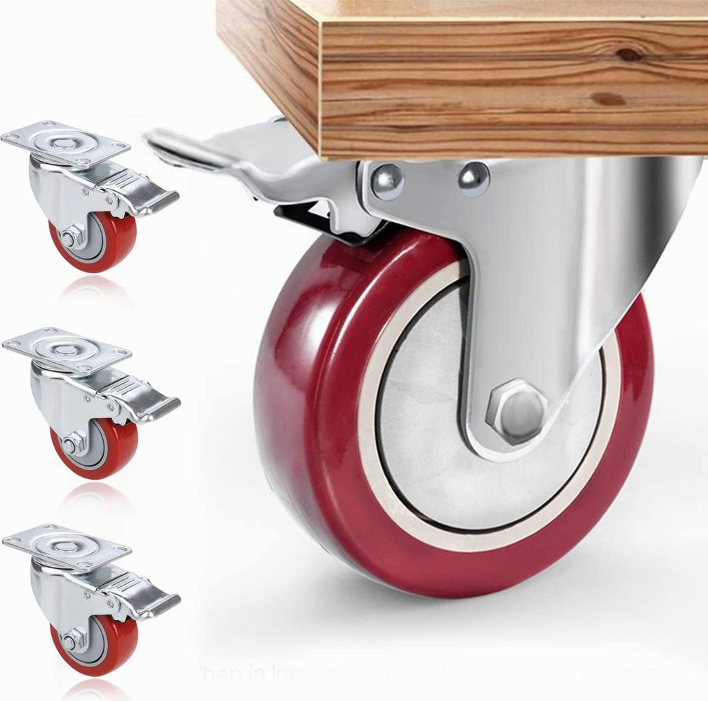 75 mm Set von 4 Lenkrollen mit Bremse - Möbel bis 136 kg pro Rolle - schwere Belastung - Gummi - innen und außen - industrielle Rollen