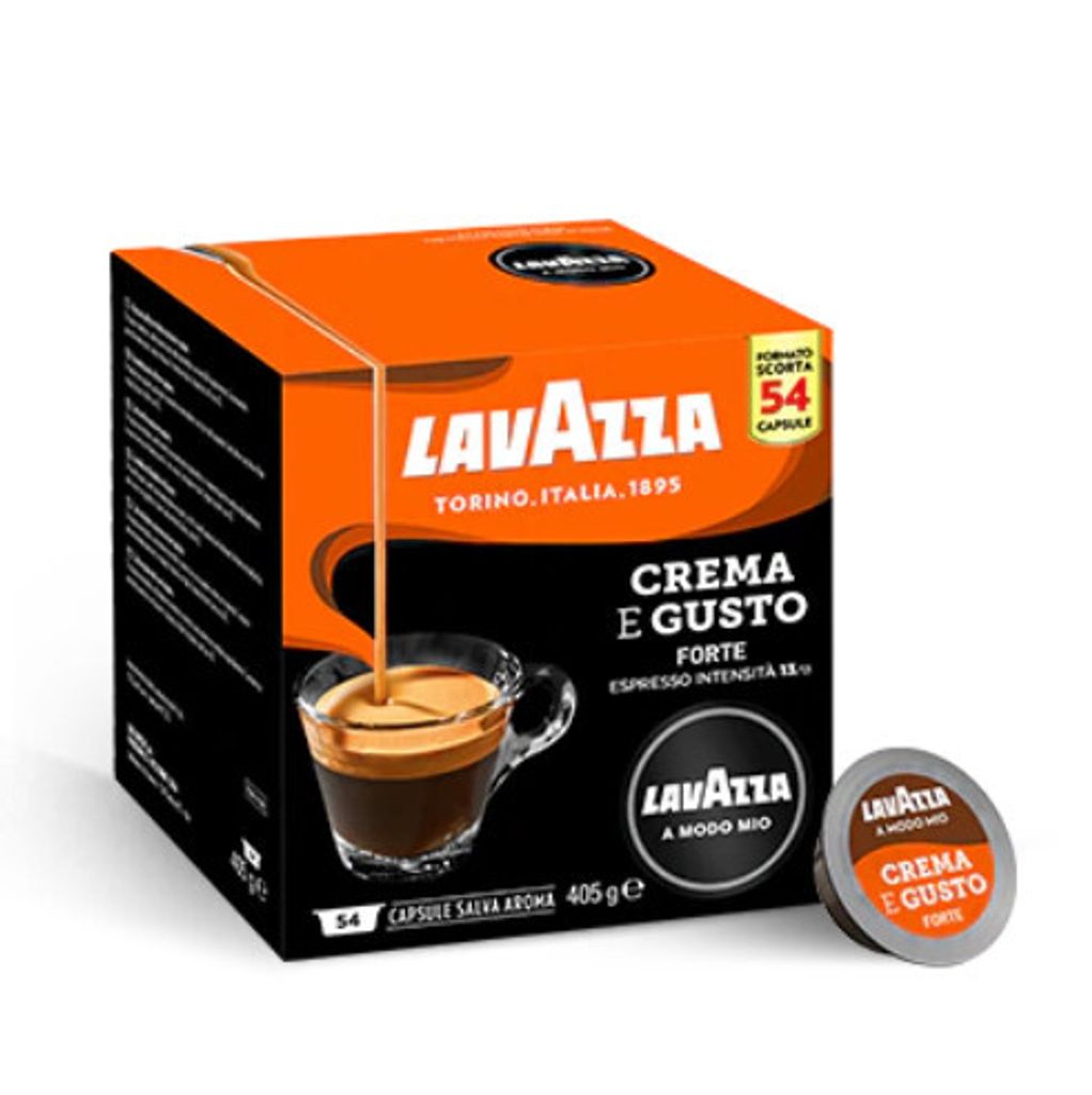 A box of Lavazza coffee capsules with a single capsule shown next to it.