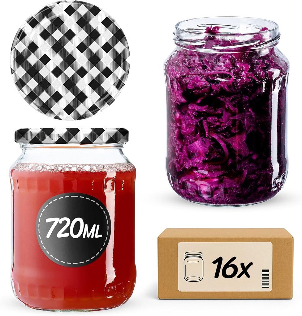 KADAX Einmachgläser mit Deckel "Jukka", Marmeladengläser, Einweckgläser, 720 ml, Schwarz kariert, 16 Stück