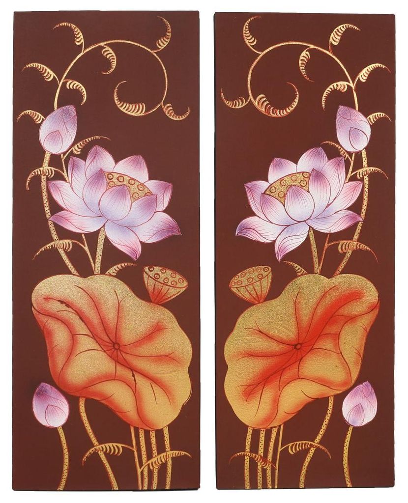 Leinwand Bild 2er Set Canvas Acrylfarbe mit Blattgold Kunst Asien Thailand je 90 cm Rot-Braun Gold Nr.7