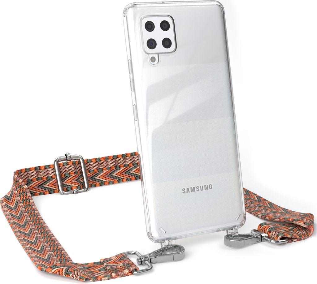 EAZY CASE Handykette - Verstellbarer Trageriemen kompatibel mit Samsung Galaxy A42 5G, Handykordel mit transparenter Silikon-Hülle, Band in Orange