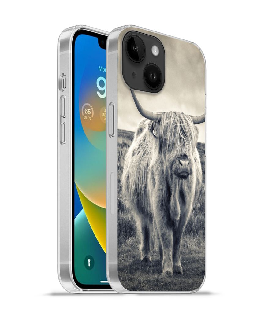 MuchoWow Handyhülle Schutzhülle Hülle für Apple iPhone 14 - Softcase Schottischer Hochländer - Tiere - Wolken - Kuh - Natur Silikon Softcase...