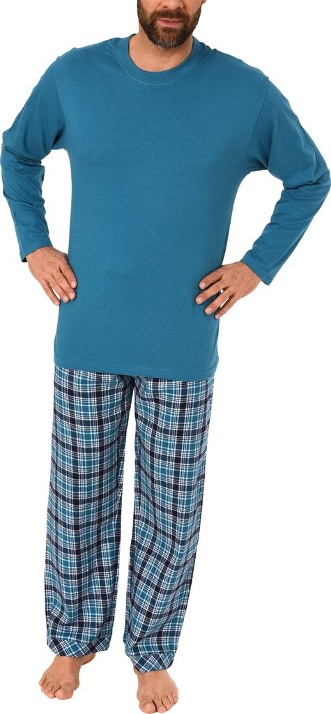 Herren Schlafanzug Pyjama lang mit Flanell Hose - auch in Übergrössen - 281 101 90 648 ; blau , 62