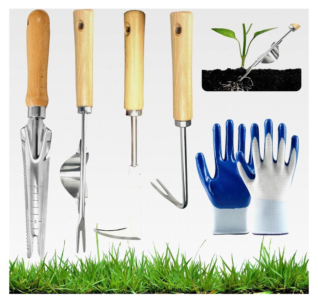 Garten Handjätgerät Edelstahl 5-teiliges Set mit 4 Unkrautstechern und einem Paar Nylonhandschuhen