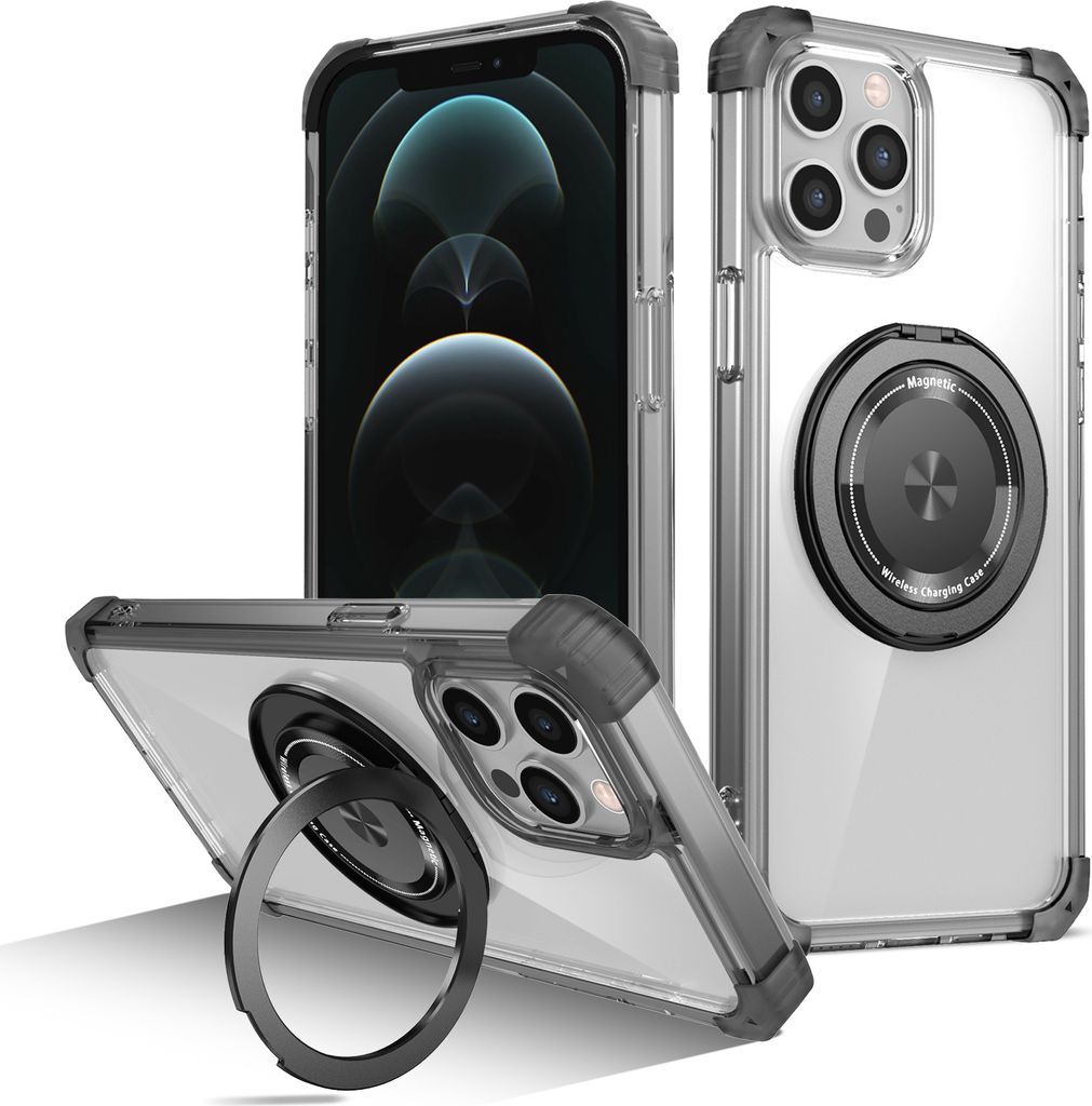 Handyhülle für iPhone 12 Pro Max Magnetisches Ringhalter Ständer Kompatibel mit Magsafe Militärschutz Transparente Hülle Schwarz