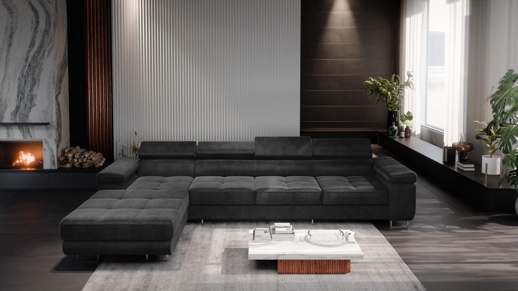 A modern living room with a large sectional sofa, fireplace, and coffee table.