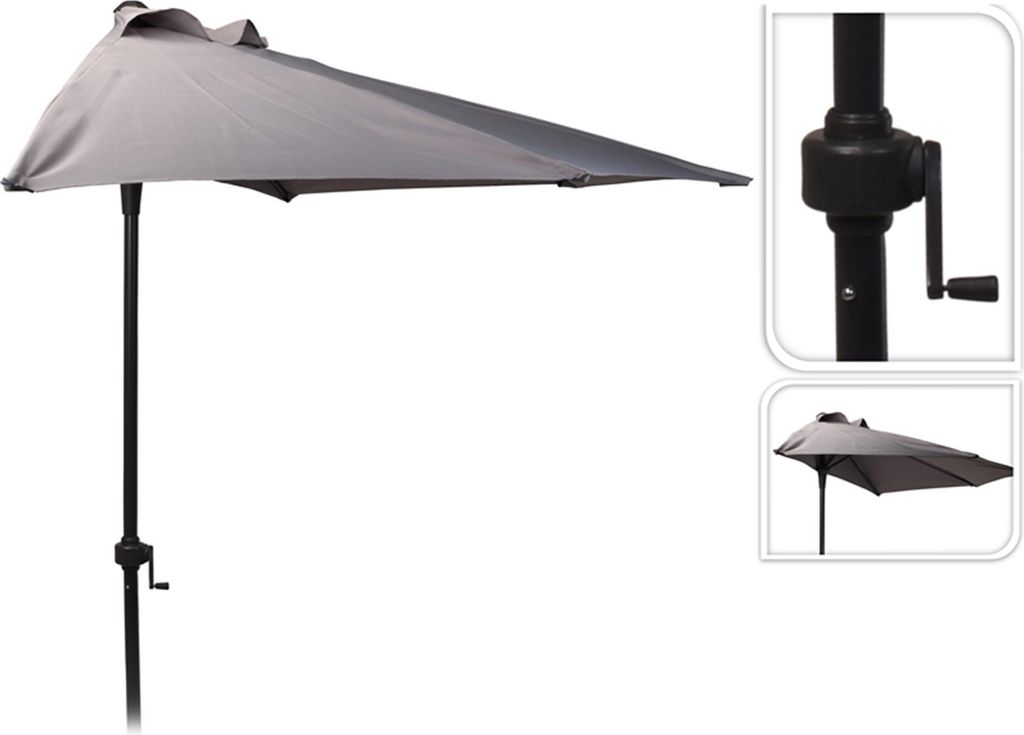 A half-round patio umbrella with a gray canopy and a black pole, shown against a white background. Inset images show a close-up of the crank mechanism and a smaller view of the umbrella.