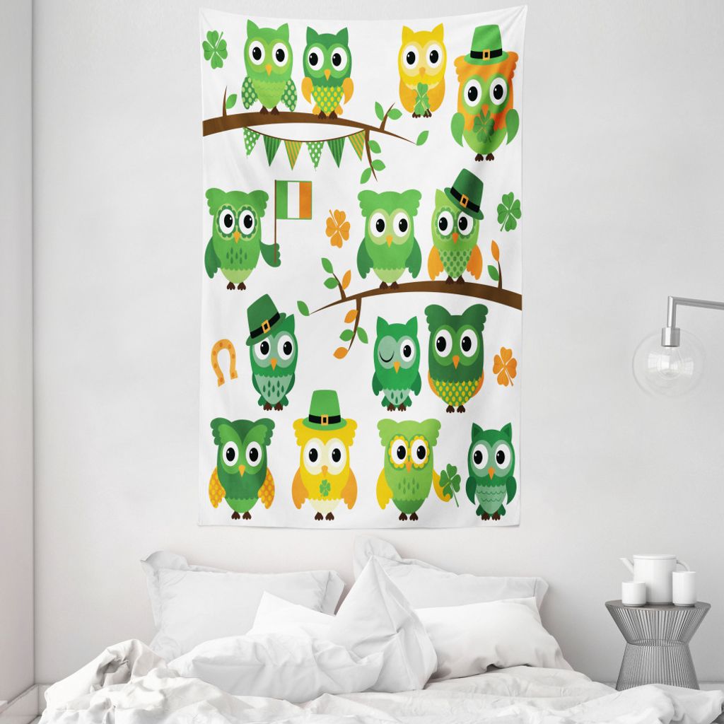 ABAKUHAUS St. Patrick Tag Wandteppich und Tagesdecke, Irsh Eulen aus Weiches Mikrofaser Stoff Waschbar ohne Verblassen Digitaldruck, 140 x 230 cm, ...