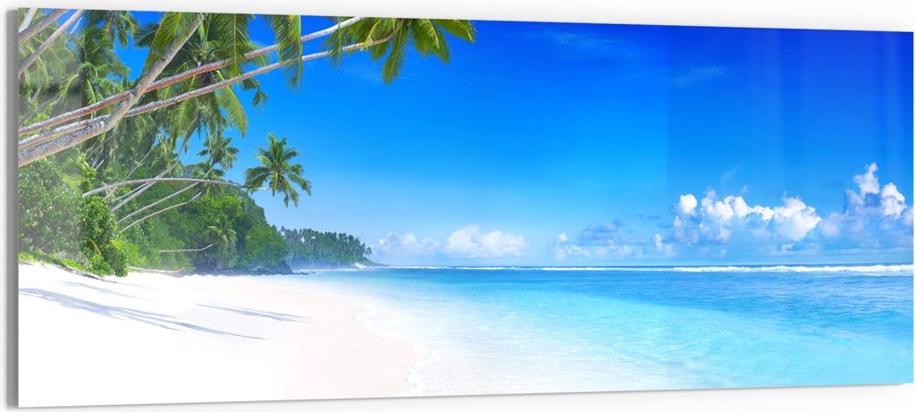 DEQORI Glasbild Echtglas 150x60 cm 'Palmen am Sandstrand' Wandbild Bild modern Deko