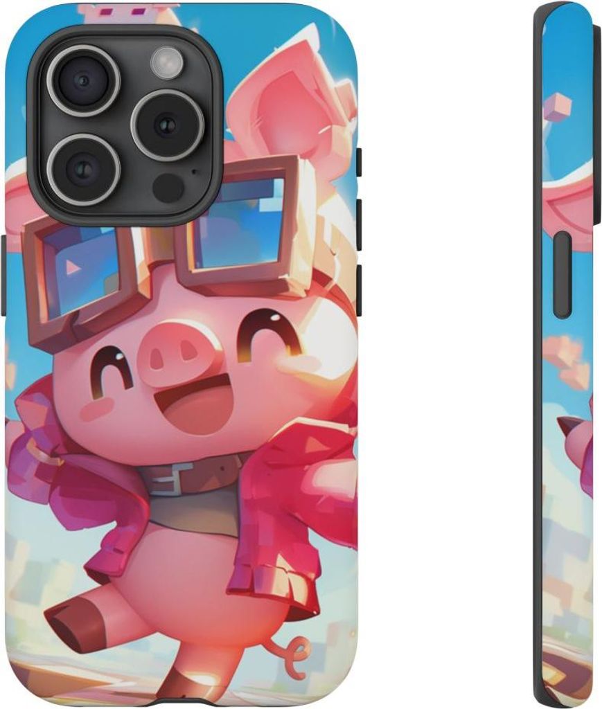 Fröhliches rosa Schwein mit Brille und Hoodie – Hülle Kompatibel mit iPhone 15 Pro