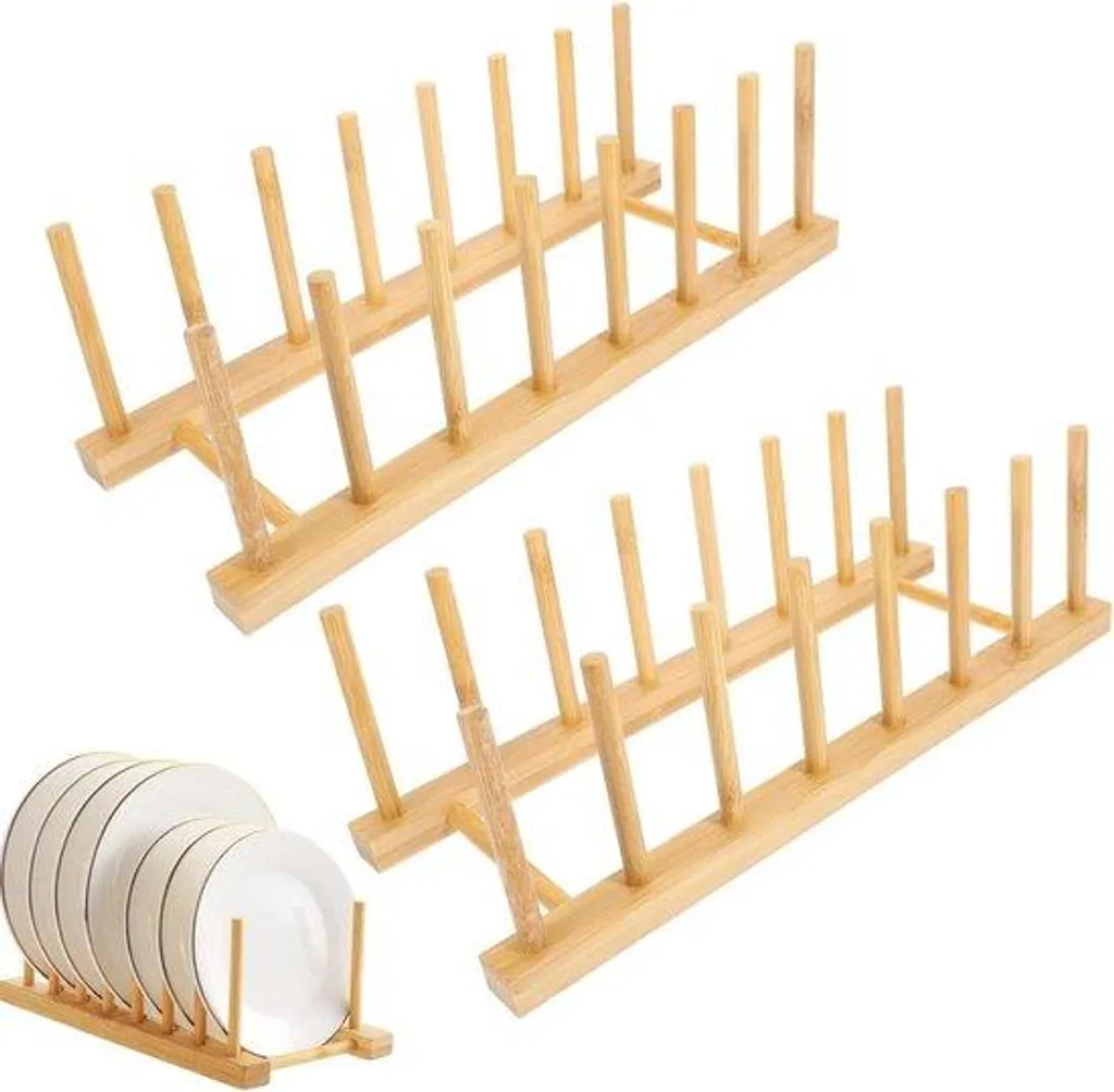 Support Vaisselle en Bambou Résistant pour Assiettes et Verres - Set de 2