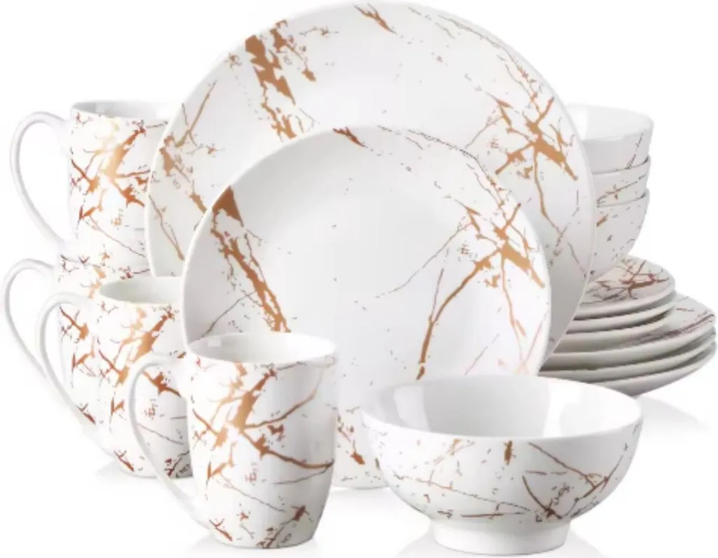 Elegante Set Piatti Ceramica Bianco Oro Santivo | 16 Pezzi Design Moderno