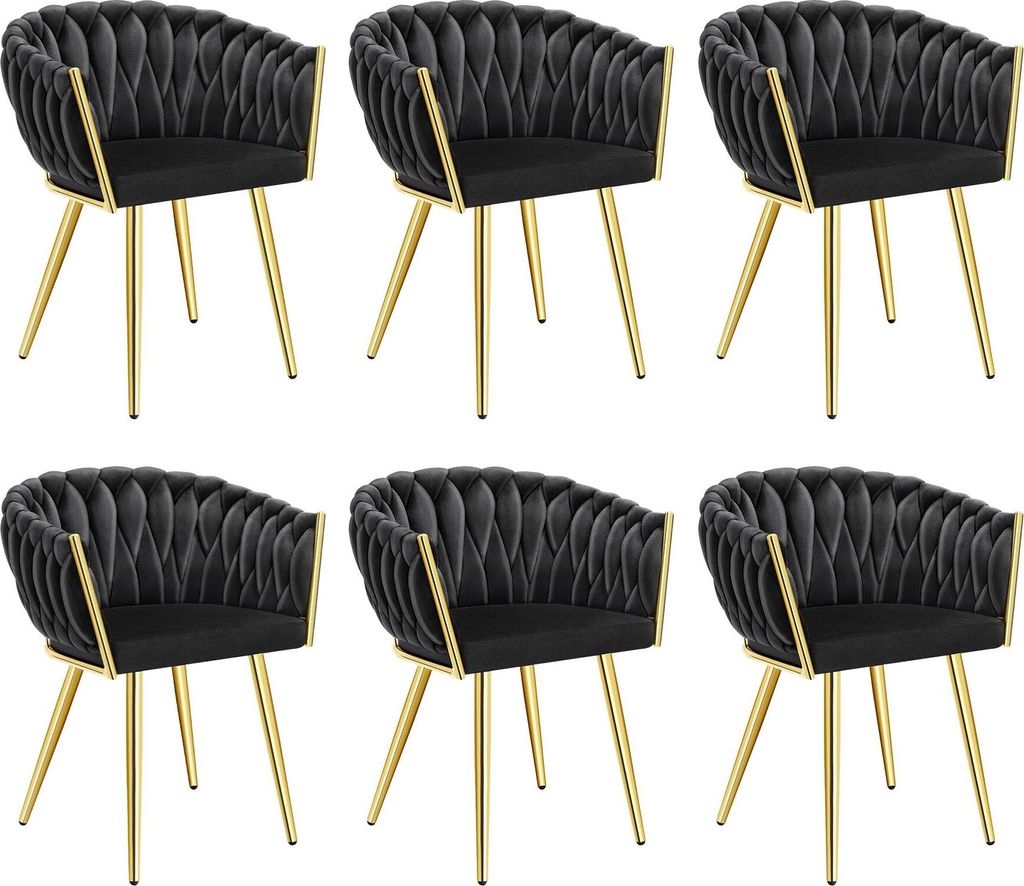 A set of six black velvet dining chairs with gold legs, arranged in two rows of three.