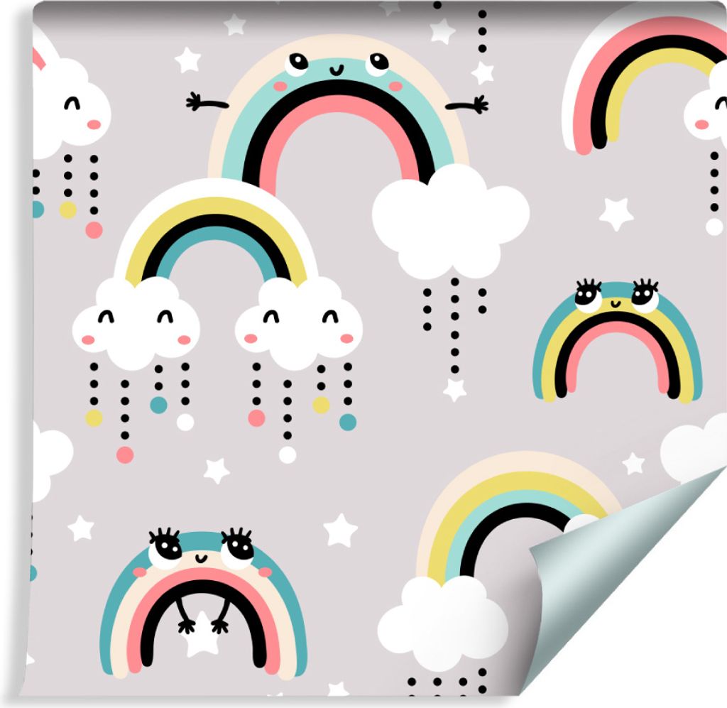 10m VLIES TAPETE Rolle Kinderzimmer Bunte Regenbogen Wolken XXL