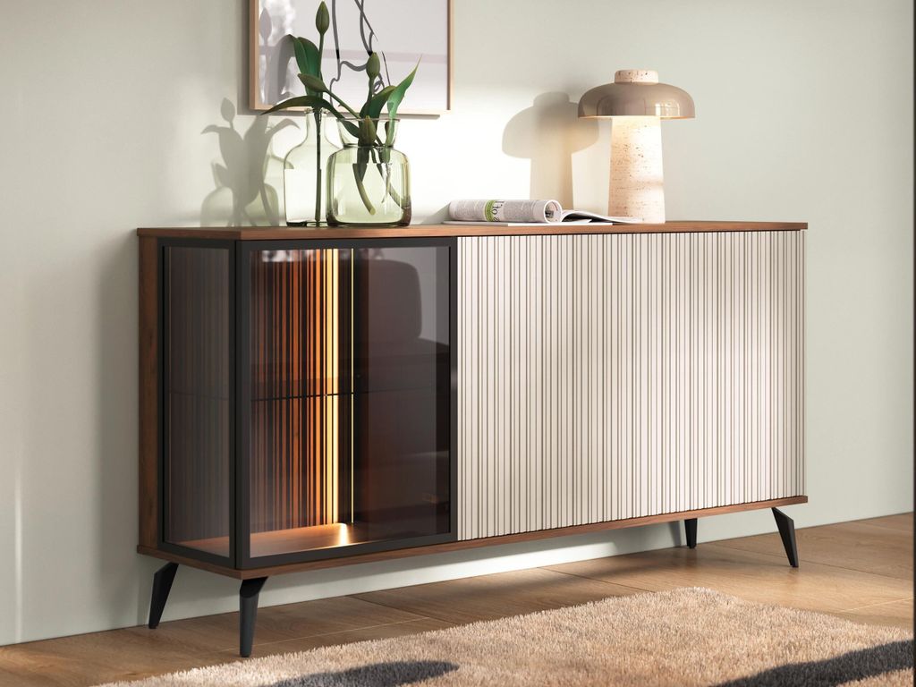 A modern sideboard with glass doors and a textured front panel, displayed in a well-lit room.