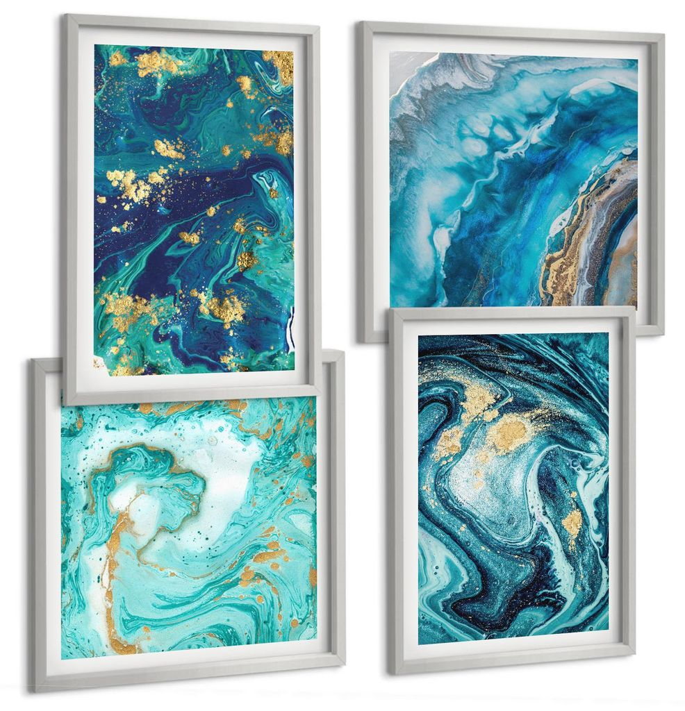 Bilder Set 4-teilig im silbergerahmten Rahmen – Wandbilder 4 Stück – gerahmte Poster für Wohnzimmer, Schlafzimmer und Flur – 50x50 cm - 40x...