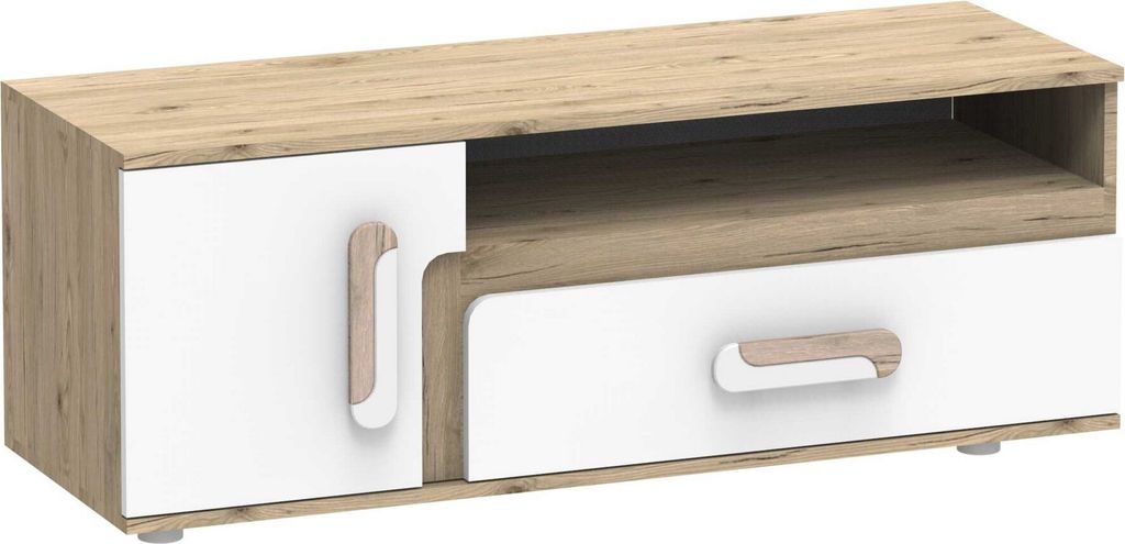 Furniture24 Tv Schrank Apetito 17 Fernsehenschrank Lowboard Unterschrank mit Tür und Schublade Eiche hell/Weiß