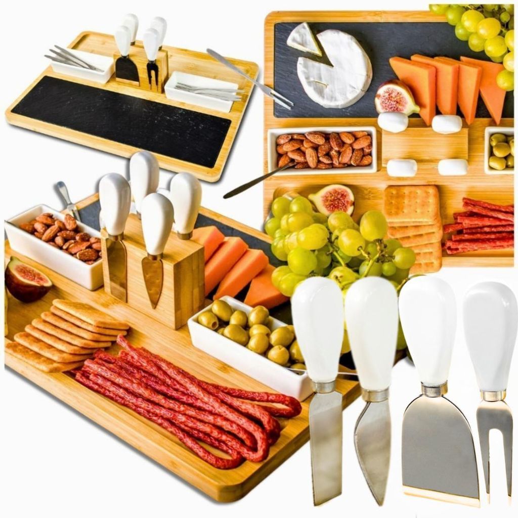 Bambusbrett für Aufschnitt, Käse und Snacks + Messer- und Gabelset als Geschenk