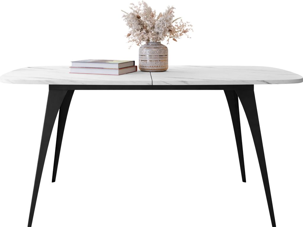 MIRJAN24 Tisch Aura 160, Ausziehbar, Industrial, Abgerundete Tischkanten, Beine aus Stahl, Esszimmertisch, Loft (Farbe: Schwarz / Bianco Marmor)