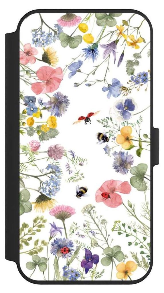 NIVOCASE Klapphülle für Apple iPhone 14 Pro Max Handyhülle aus Kunst Leder NIVOflip schwarz Biene Blumen Muster