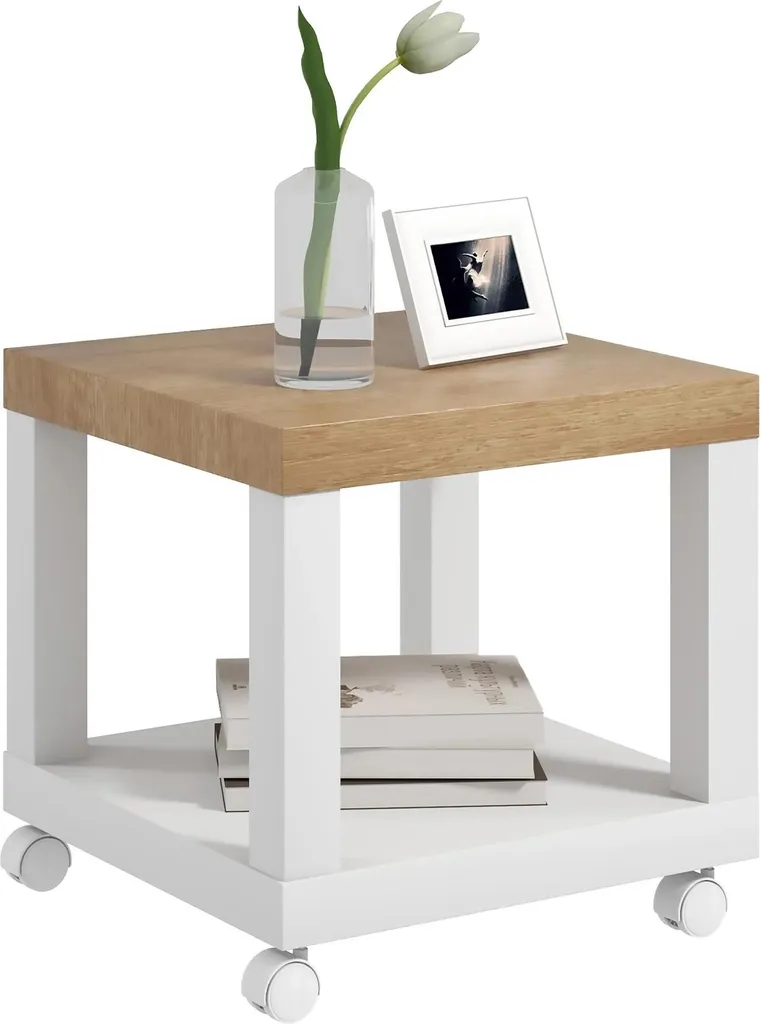 Table d'appoint blanche 40x40x40 cm avec roulettes et niche de rangement