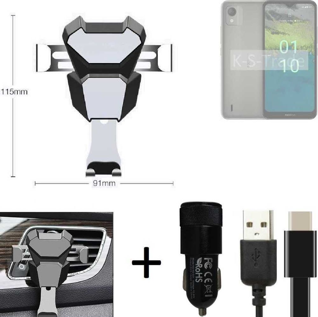 K-S-Trade Lüftungsschlitz Halterung kompatibel mit Nokia C110 Lüftungshalterung Lüftungsgitter schwarz-silber Auto-Halterung Smartphone Halter