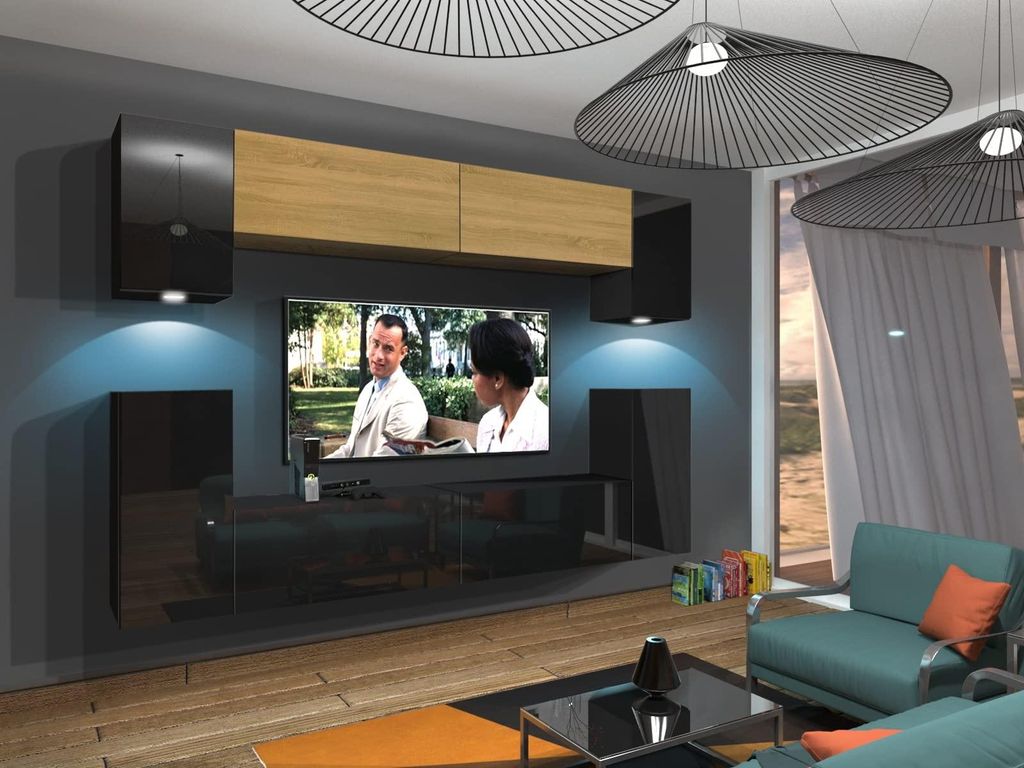 Furnitech Wohnwand Wohnzimmer - Hängend Wohnwand Modern - Wohnzimmer Schrankwand mit Regale und TV Schrank - Wohnzimmer Möbel ohne LED (Rodos AN4...