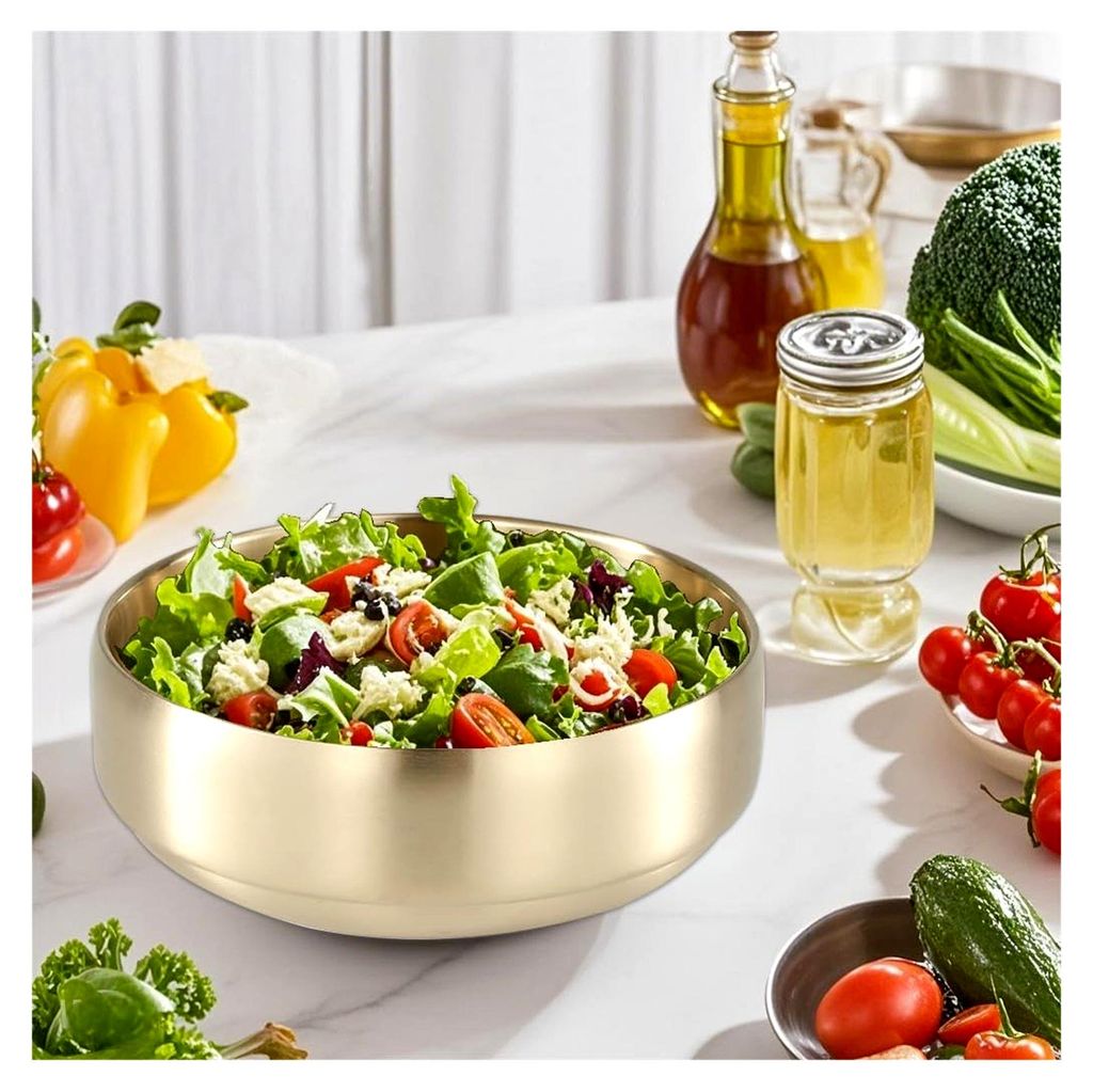 Große doppelwandige Salatschüssel aus Edelstahl, 2 Stück/Set, wärmeisoliert und verbrühungssicher, 1400ml, Gold