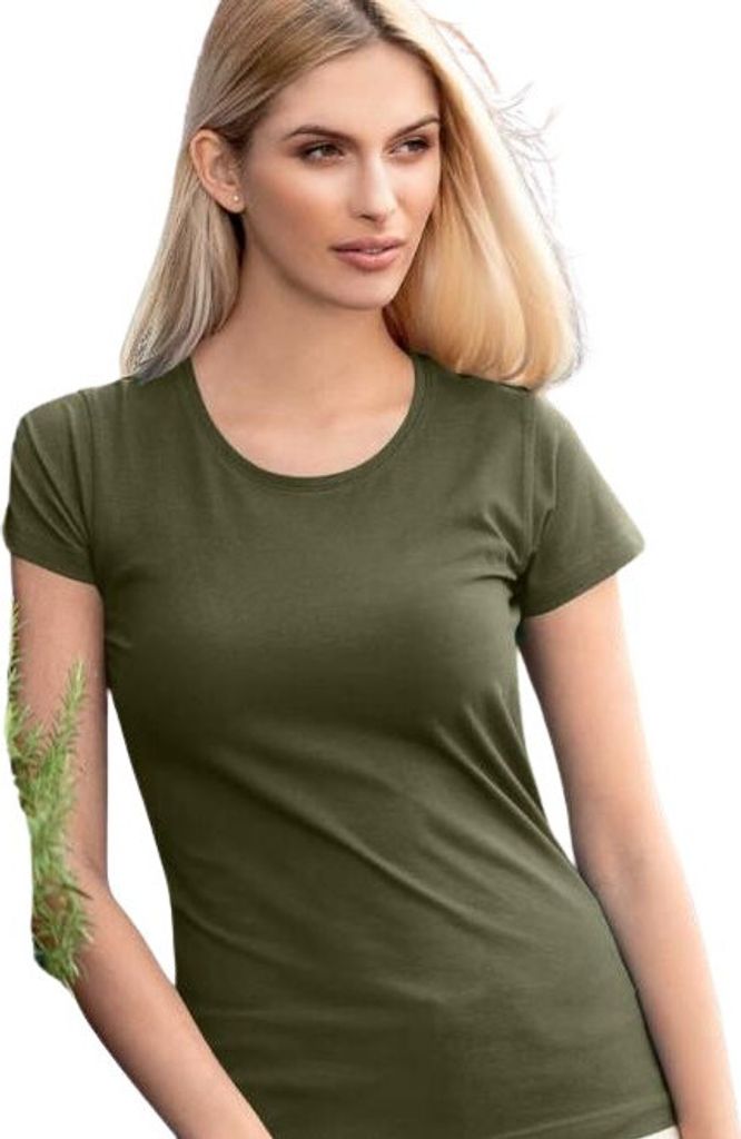 Tailliertes Damen-T-Shirt mit tiefem Ausschnitt, 100% Baumwolle, unbedruckt, einfarbig, 150g/m2, Farbe military, Größe 2XL