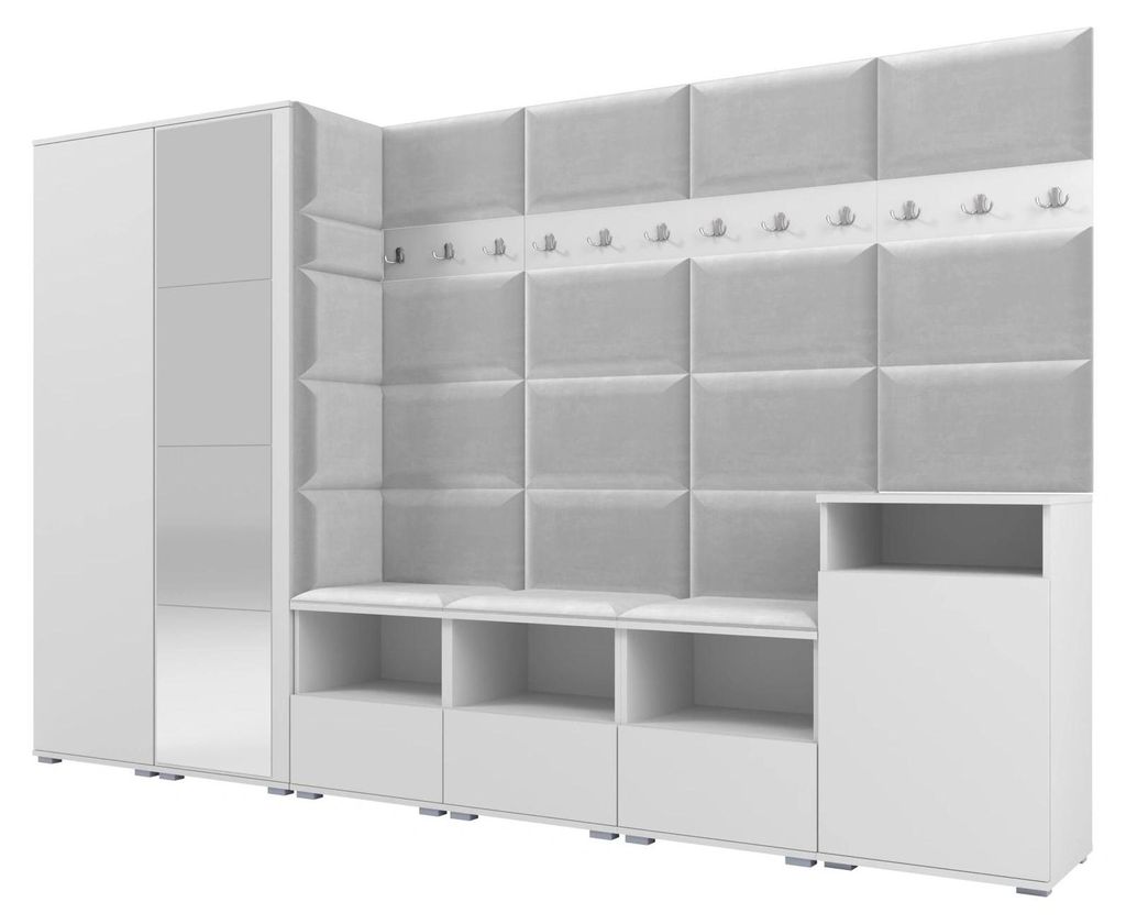 Garderobe NELA XII 300 cm Modulare Flurmöbel Weiß mit Spiegel & Sitzpolster Hellgrau 32 (Gigantisches Set)