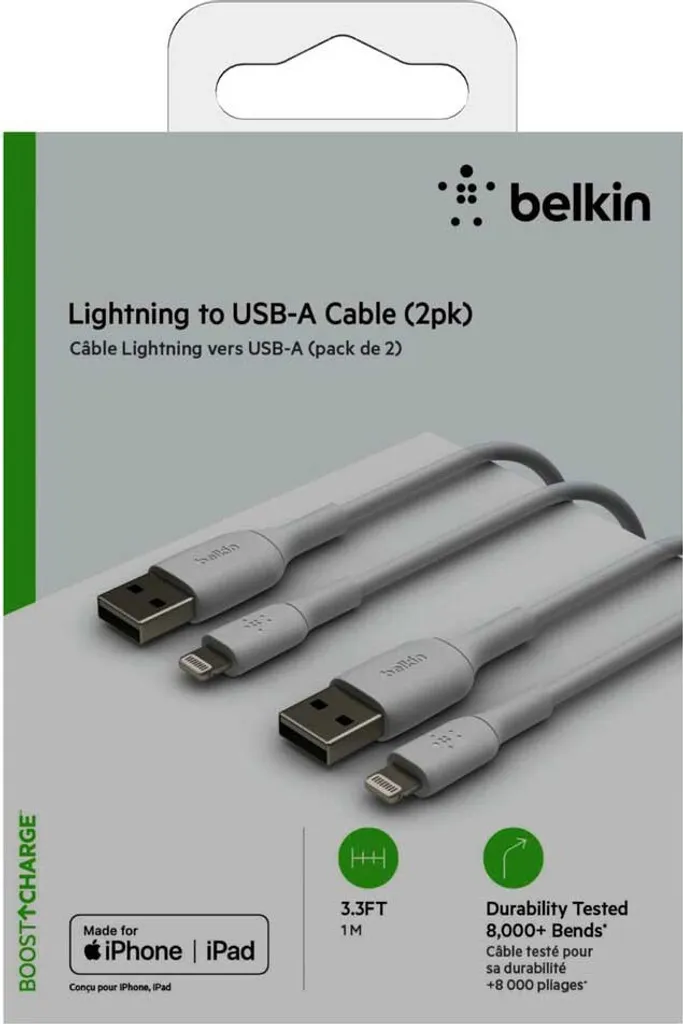 Câble Lightning 1m Belkin robuste blanc USB-A haute performance x2 - 12