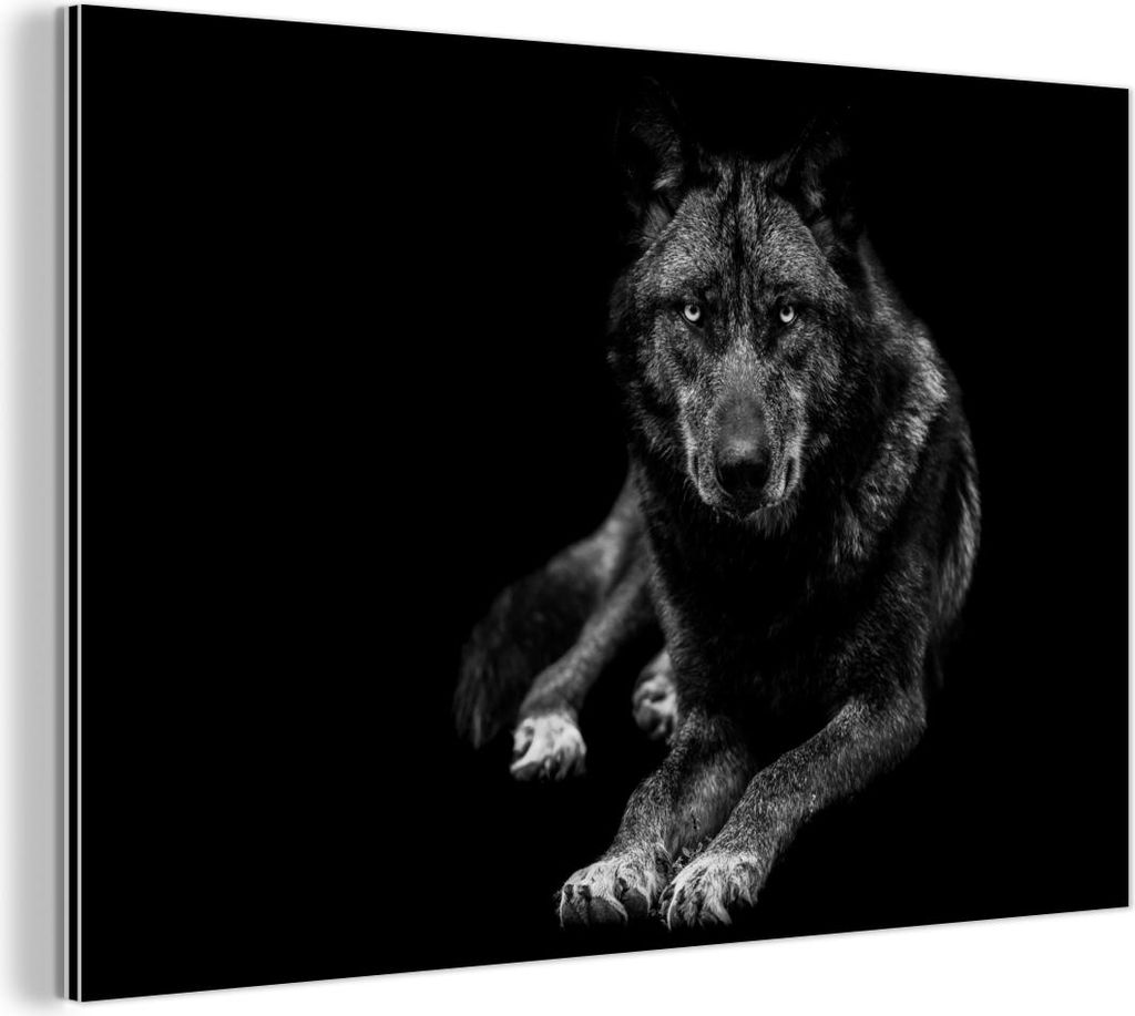 MuchoWow Wanddekoration Metall Metallbild Wandkunst 150x100 cm Tiere - Wolf - Schwarz - Weiß - Porträt MuchoWow Aluminium Gemälde - Alu Dibond Bild