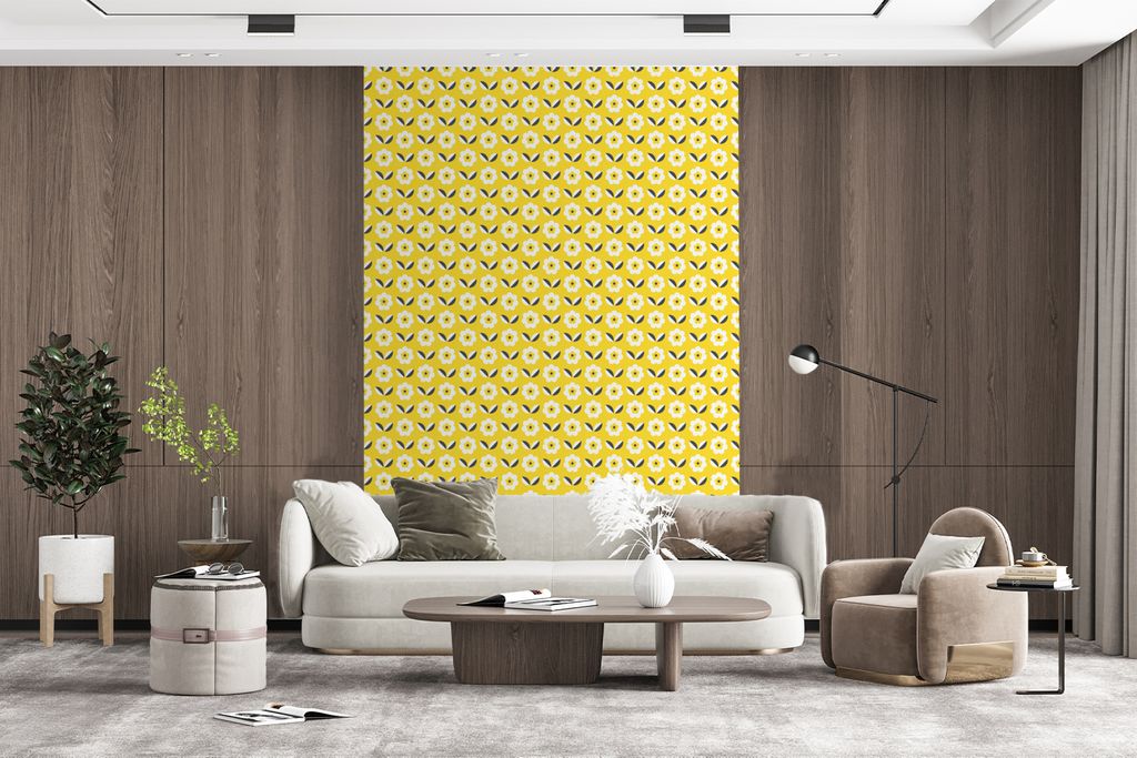 MuchoWow Fototapete für Wohnzimmer oder Schlafzimmer Wandtapete Vinyl Motivtapete Blume - Gelb - Muster - Sommer - 200x300 cm - Wanddekorationen