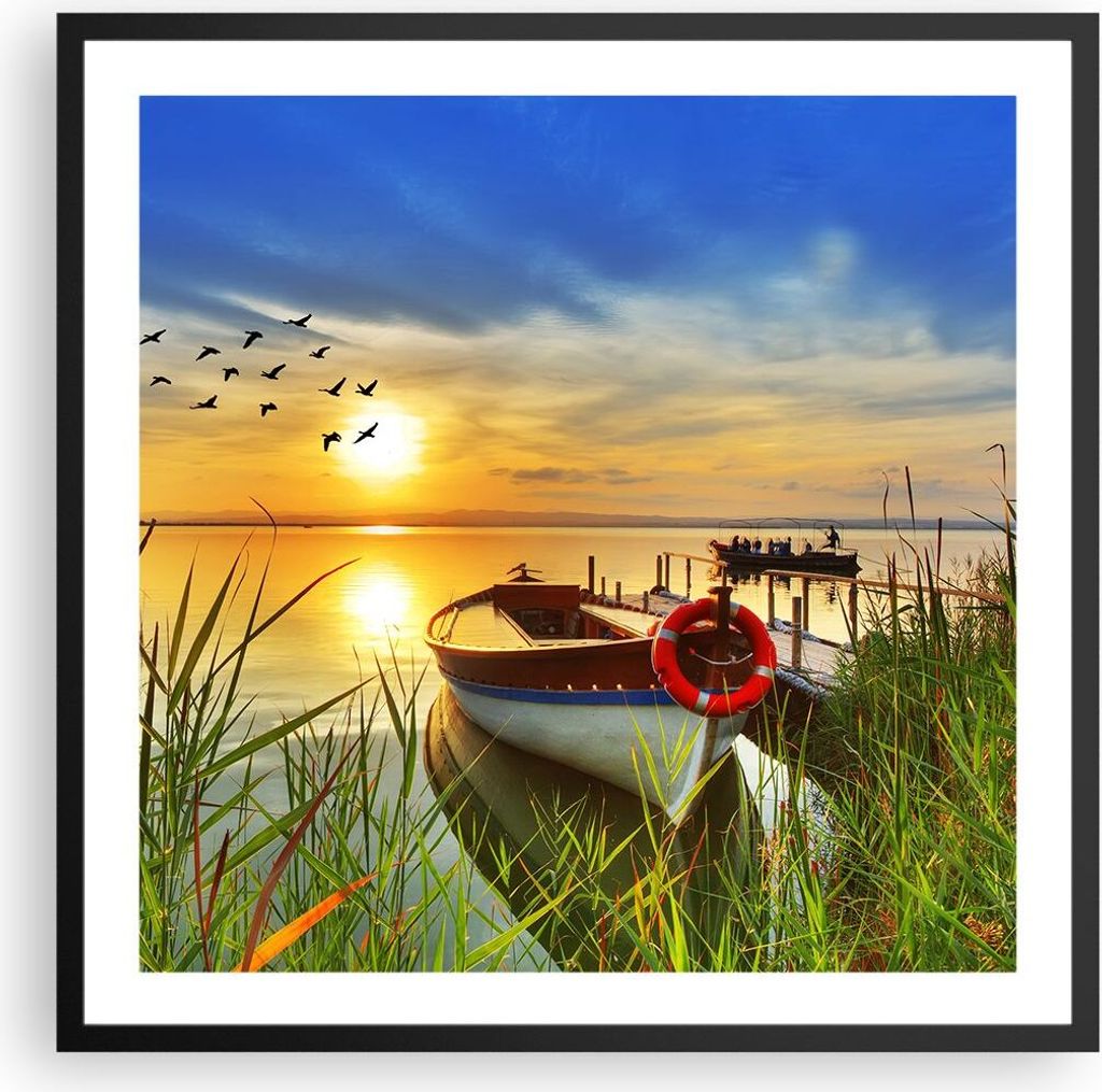 Gerahmtes Poster - Schwarzer Rahmen - Boot See Sonnenuntergang Sommer Menschen - 60x60 cm - Wand Bild - Wanddeko - Wandbilder - Wandposter - Bilder...